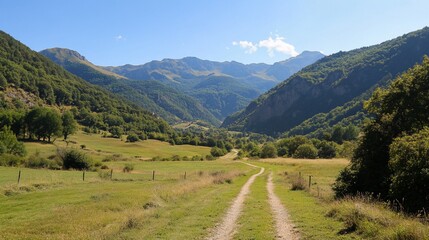 Naklejka premium A dirt road winds through a valley with lush green fields and mountains in the distance.