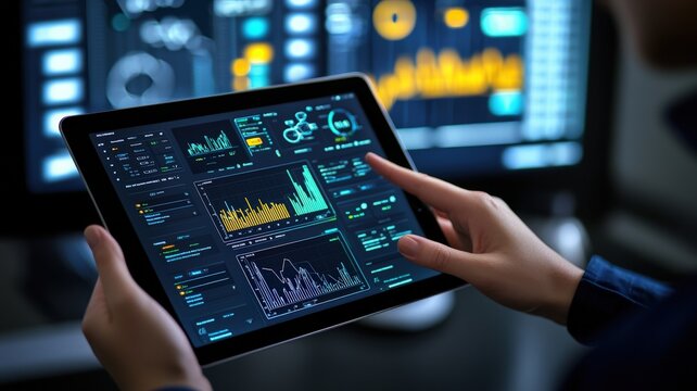 Inventory management order tracking concept. A person analyzing data on a tablet, displaying various graphs and metrics, with additional screens showing similar visualizations in the background.