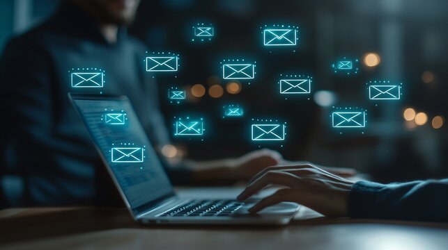 Customer service representative responding to emails with a laptop, focused on delivering solutions, set in a bright workspace with side empty space for text Stockphoto style