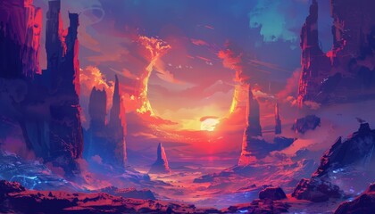 Fototapeta premium A fiery sunset over an alien landscape with tall rock formations