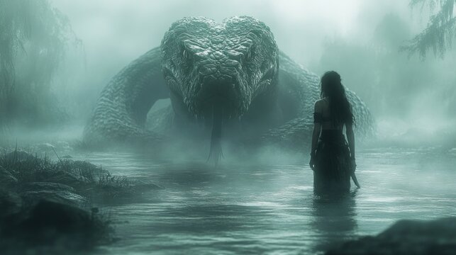 Woman Facing Giant Snake in Foggy Swamp