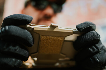 Soldier wearing tactical gloves holding a phone case