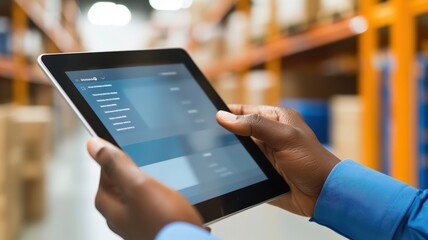Inventory management order tracking concept. A person uses a tablet to manage inventory in a warehouse, surrounded by shelves stacked with boxes, showcasing modern logistics technology.