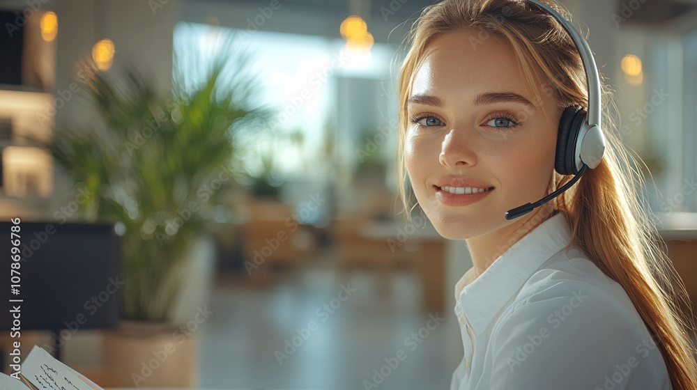 Poster customer service agent with a headset, taking notes in a well-lit office, focused on providing solut