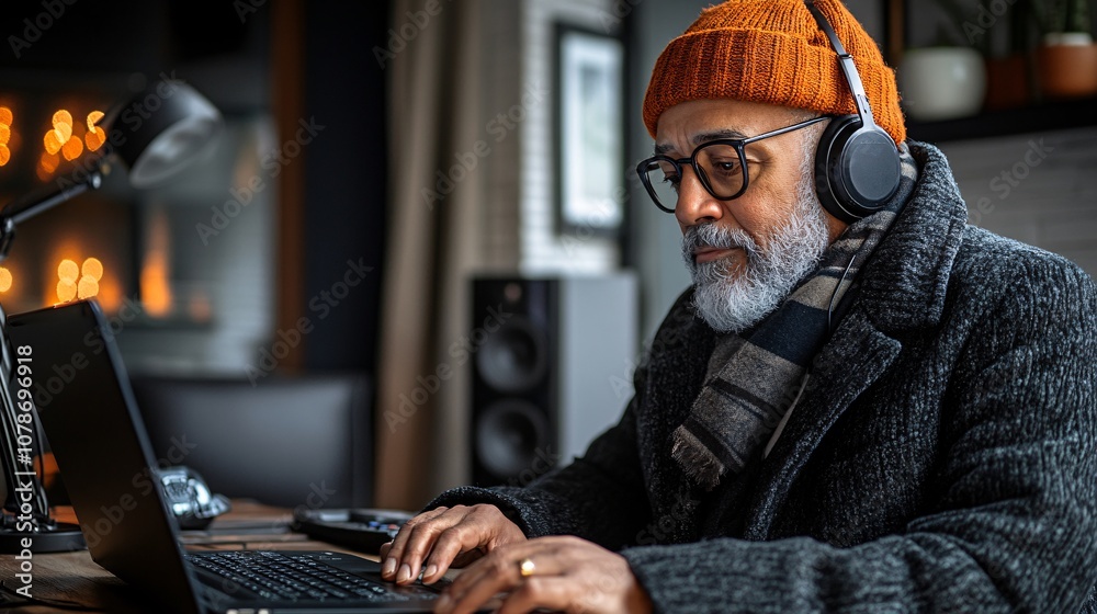 Poster representative answering a call with a friendly and warm expression, seated at a stylish desk, conve