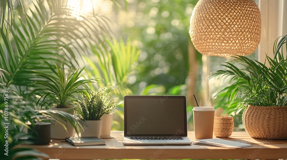 Poster working from a cozy home office with a laptop coffee cup and notebook on a wooden desk surrounded by
