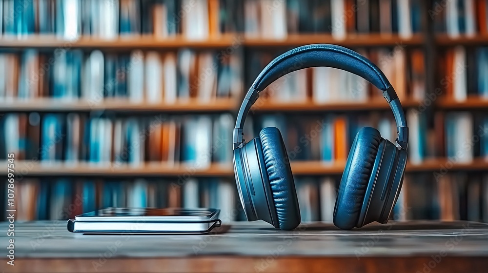Fototapete Close-up of essential work-from-home tools including wireless headphones a smartphone and a notebook on a tidy desk creating a prepared remote work environment Teleworking concept with side empty