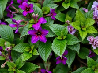 Vibrant purple flower petals and leaves background, botany, beauty, leaves