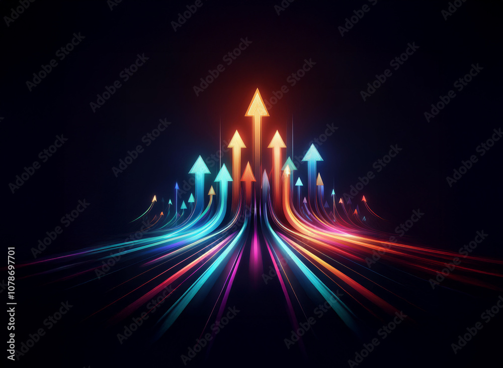 Poster Abstract digital art depicting multiple glowing arrows pointing upward, representing growth, success, and progress.