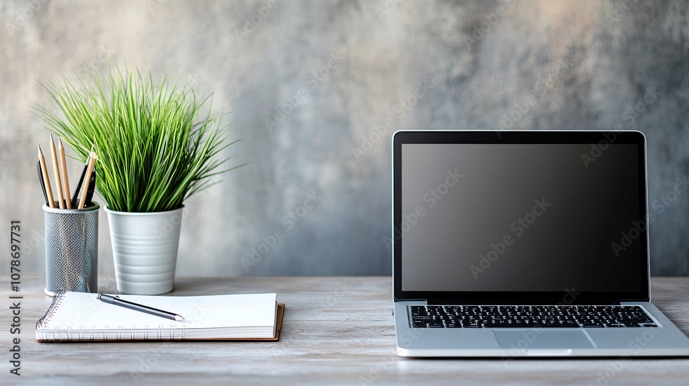 Poster neatly organized workspace with laptop notebook pen and desk plant in a bright home office ready for