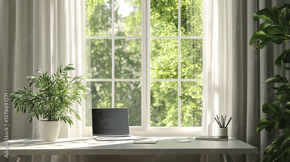 Poster neatly organized workspace with laptop notebook pen and desk plant in a bright home office ready for