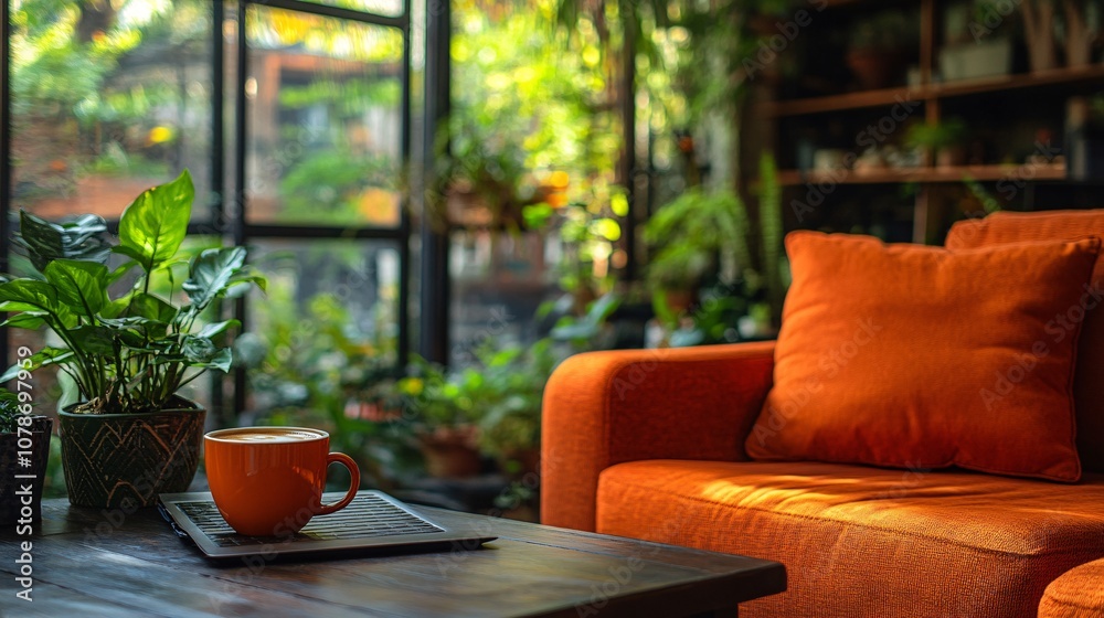 Poster casual home workspace with laptop and coffee cup on a table surrounded by comfortable seating for a 