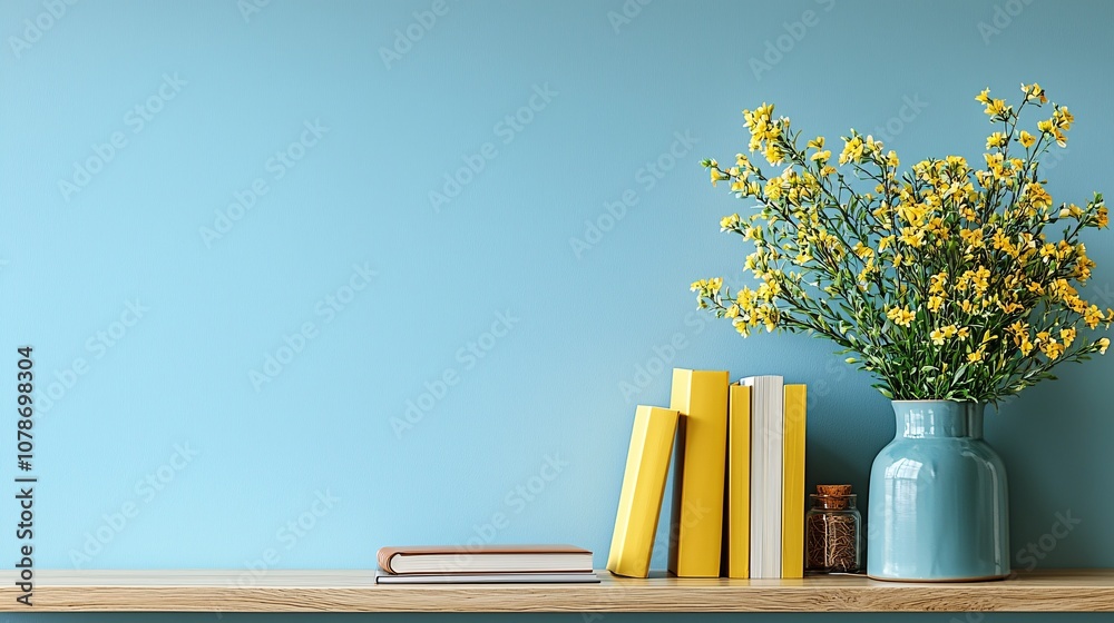 Poster Laptop and notebook arranged neatly on a home office desk in a minimalist space creating an inviting remote work setup with side empty space for text Teleworking concept with side empty space for