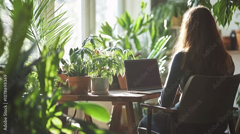 Poster person seated comfortably on a home office chair typing on a laptop in a clean modern workspace with