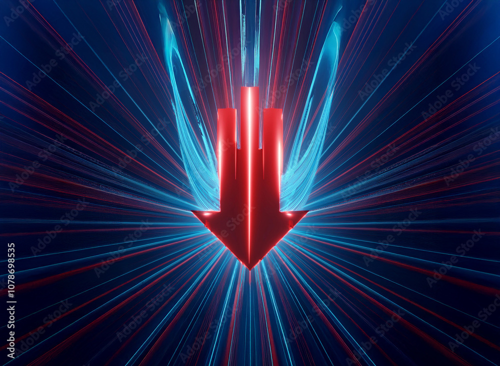 Poster A glowing red arrow pointing down against a background of blue and red lines creating a radial design.