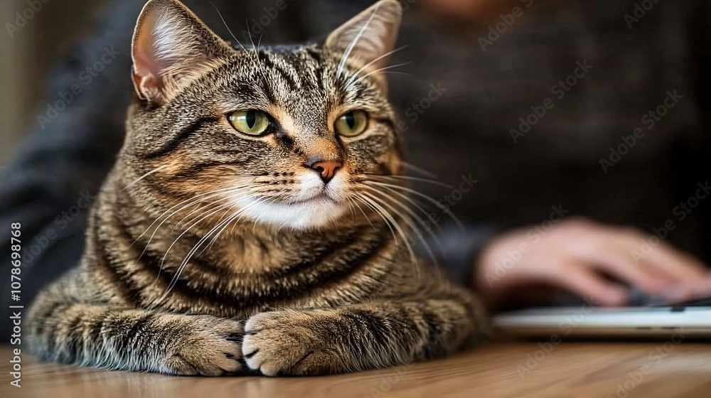Poster Pet cat sitting beside person working on a laptop at home representing a family-friendly and comfortable teleworking setup Teleworking concept with side empty space for text Stockphoto style