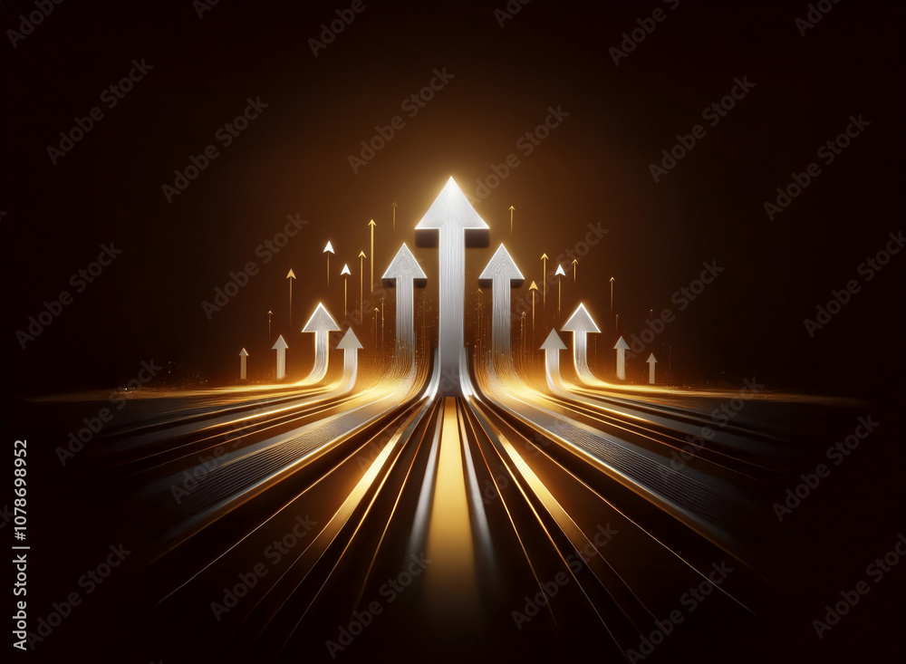 Poster A field of gold with multiple silver arrows pointing upwards.