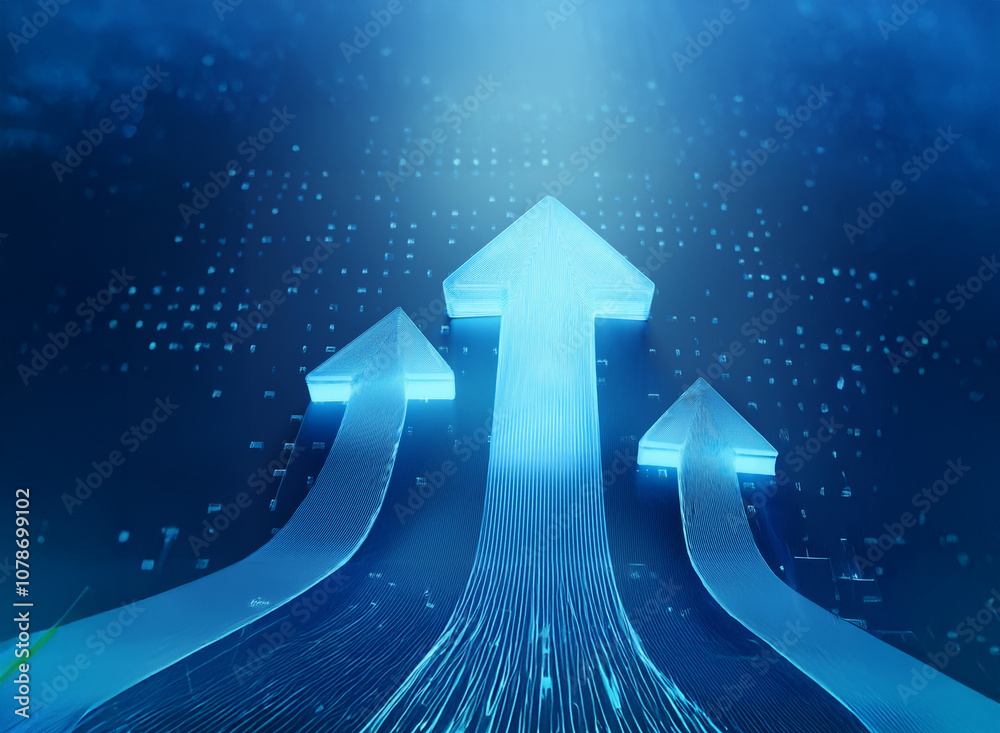 Poster three glowing blue arrows point upwards, rising from a blue background that resembles a circuit boar