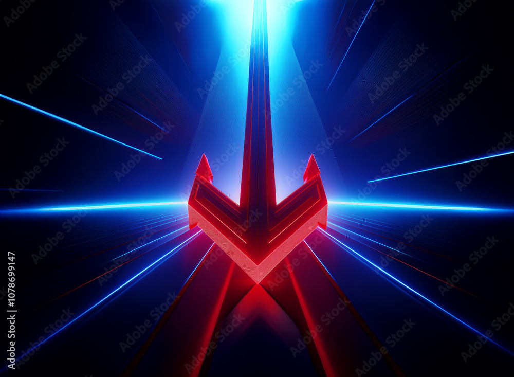 Poster a glowing red arrow points downward in a tunnel of blue neon light.
