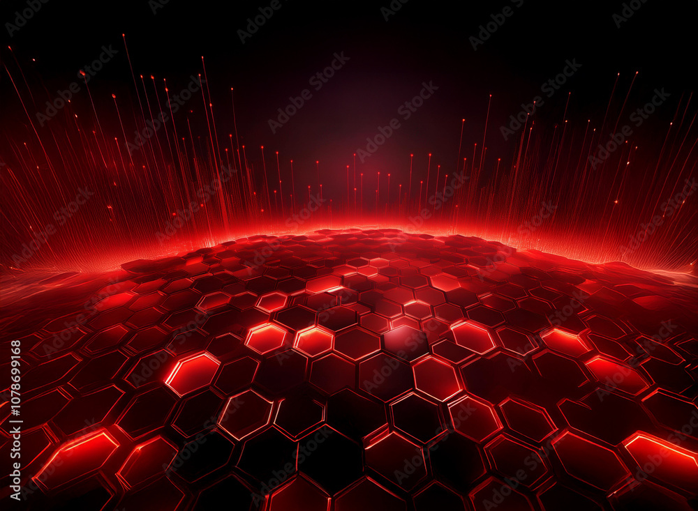 Aufkleber A glowing red honeycomb pattern extends from the center of the image, with glowing red lines extending outwards from the center.