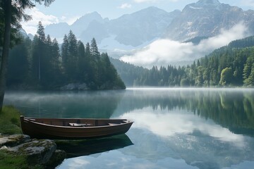Obraz premium A serene mountain lake scene with a wooden boat and surrounding forest, shrouded in morning mist and soft light.