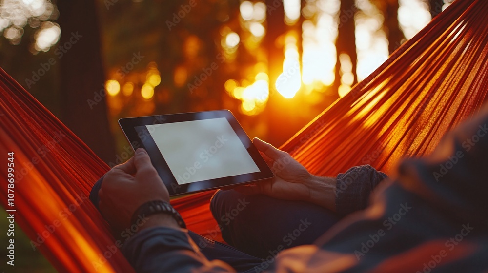 Poster Person working from a hammock with a tablet enjoying a scenic natural view highlighting the flexibility of working outdoors Teleworking concept with side empty space for text Stockphoto style