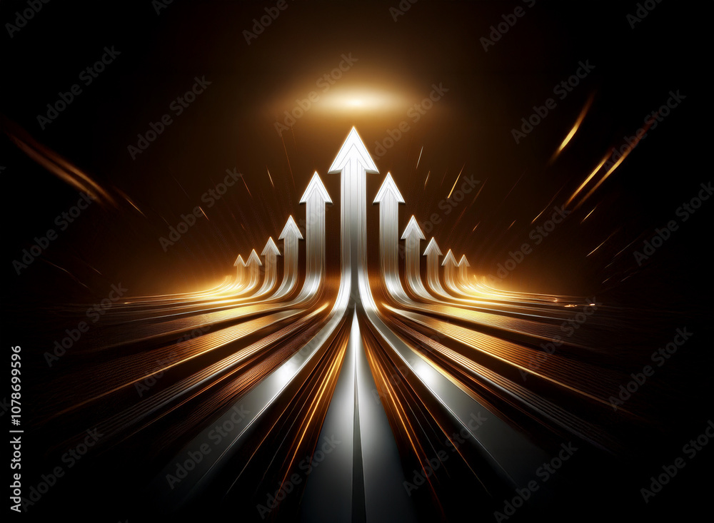 Poster A row of metallic arrows point upwards, creating a pathway toward a bright light.