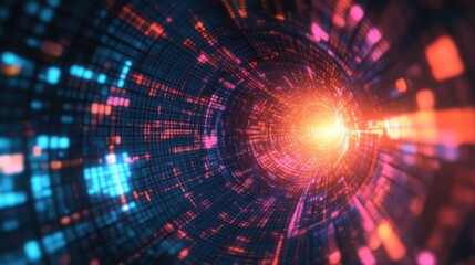 Abstract digital tunnel with bright light at the end.