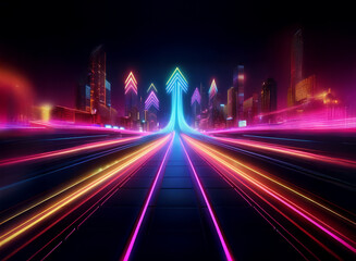 A glowing neon arrow points upwards on a futuristic highway as streaks of light zoom past, creating a sense of motion and progress.