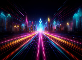 A futuristic city skyline with glowing neon skyscrapers and a bright highway leading towards the center, suggesting a path to progress.