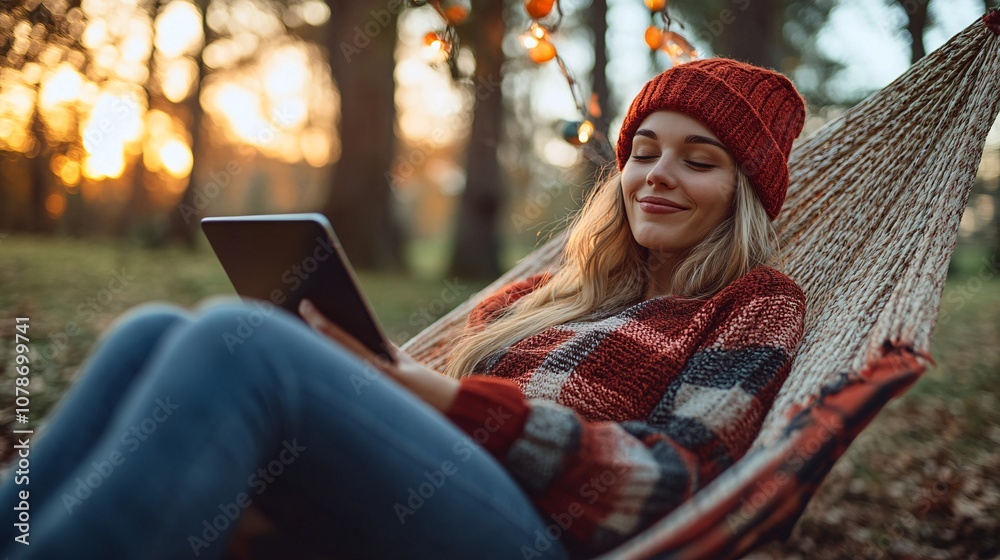 Poster Person working from a hammock with a tablet enjoying a scenic natural view highlighting the flexibility of working outdoors Teleworking concept with side empty space for text Stockphoto style
