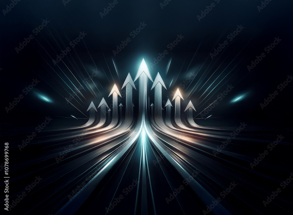 Poster a glowing pathway of arrows points upward, radiating light in a dark space, symbolizing growth, prog