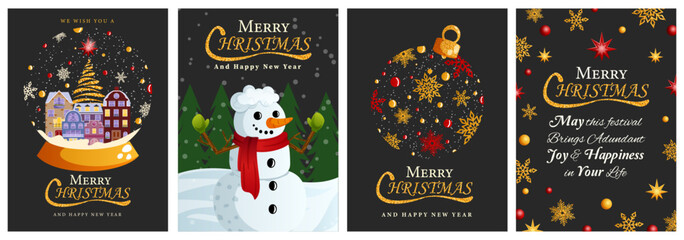Christmas & New Year Greeting Card Designs Set with Snow Globe, Snowman and Bauble Designs. Snowflakes and Xmas Decor Elements. Black Card with Gold Glitter Accents