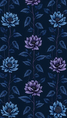 Fototapeta premium Elegant floral design featuring blue and purple flowers with lush foliage on a deep navy background. Perfect for textile or wallpaper applications.
