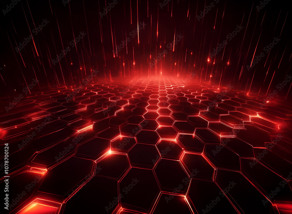 Fototapete A dark background with a red hexagonal pattern and glowing red lines extending upwards.