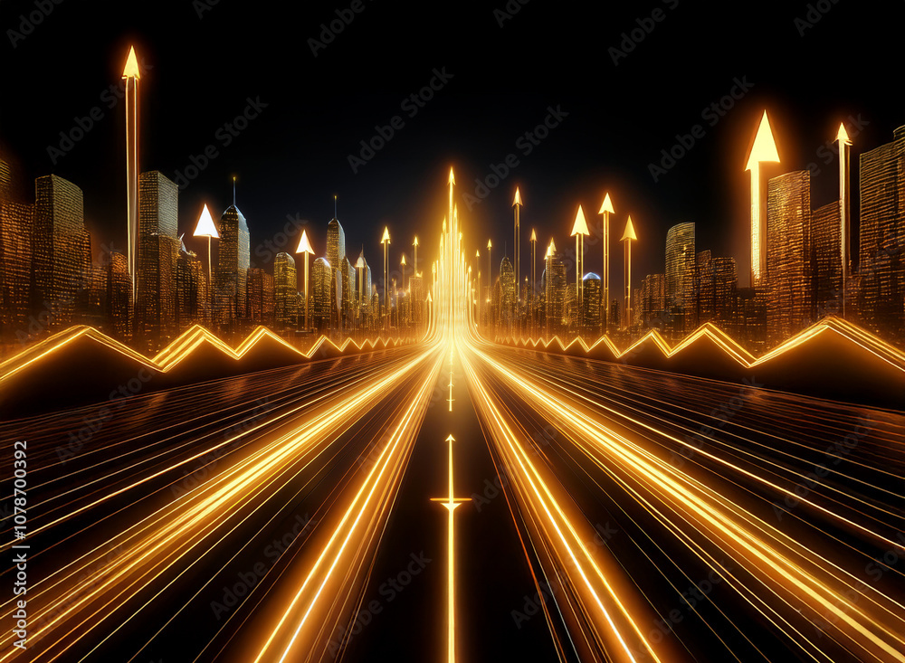 Aufkleber A glowing city skyline with multiple upward facing arrows in front of a road with speed lines.