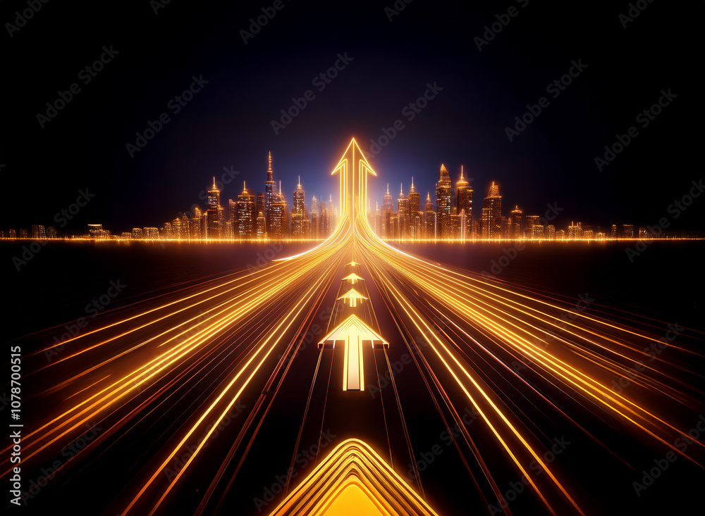 Fototapete A glowing arrow points upward above a cityscape with multiple streaks of light converging towards it.
