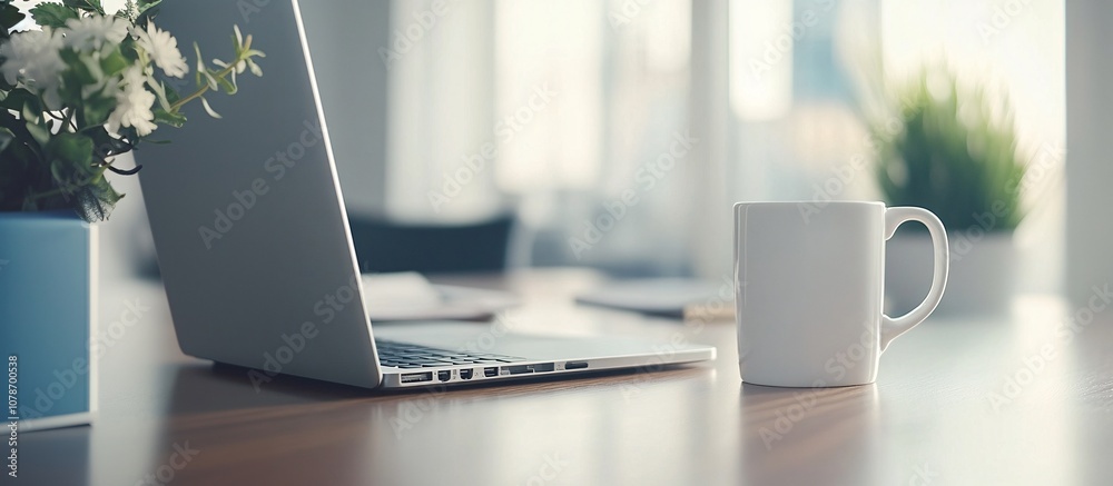 Wall mural Home office desk with a laptop coffee mug and notebook surrounded by natural light and plants emphasizing a calm and productive atmosphere Teleworking concept with side empty space for text