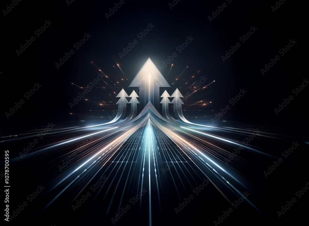 Poster Multiple white arrows converge at the top of the image, symbolizing growth and progress. The arrows are surrounded by a dark blue background with streaks of light, resembling a fast-moving journey.