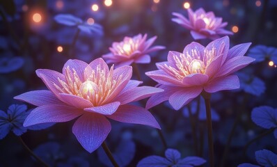 Enchanting purple water lilies glowing softly