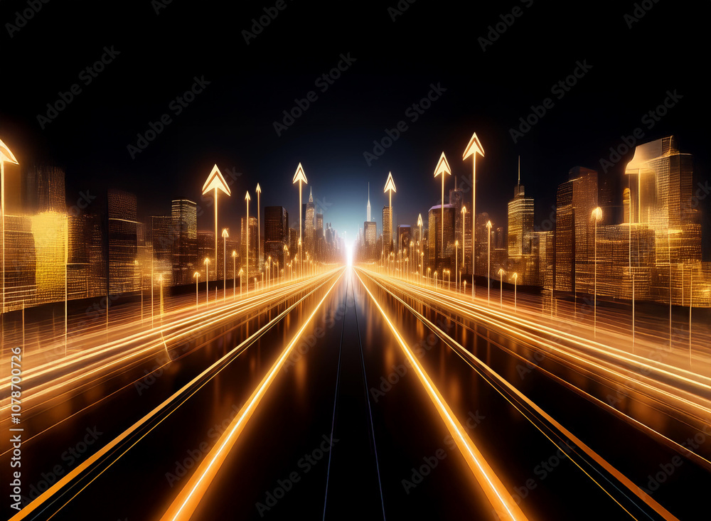 Poster a glowing city skyline with a highway leading into the distance, lit by bright streaks of light and 