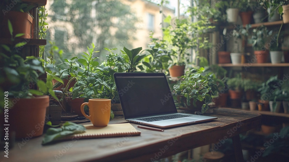 Fototapete Home office desk with a laptop coffee mug and notebook surrounded by natural light and plants emphasizing a calm and productive atmosphere Teleworking concept with side empty space for text