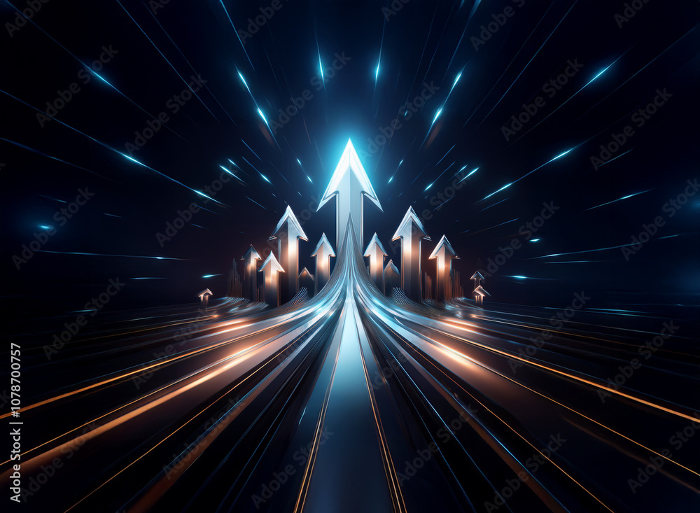 Poster a group of silver arrows point upward in a dark background, surrounded by glowing lines of light.