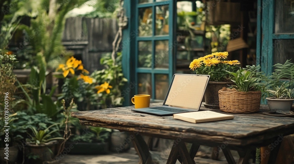 Poster home office desk with a laptop coffee mug and notebook surrounded by natural light and plants emphas
