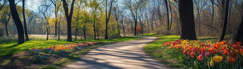 Naklejka premium A serene pathway through a park adorned with vibrant flowers and lush greenery.