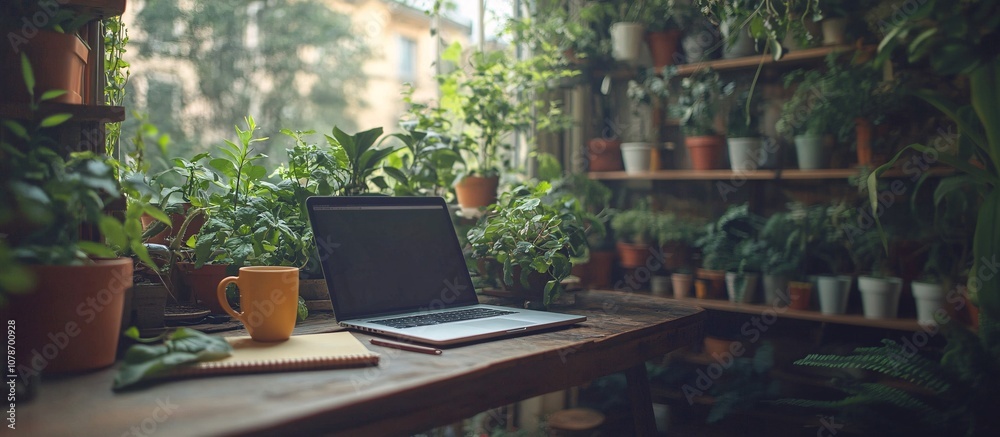 Poster home office desk with a laptop coffee mug and notebook surrounded by natural light and plants emphas