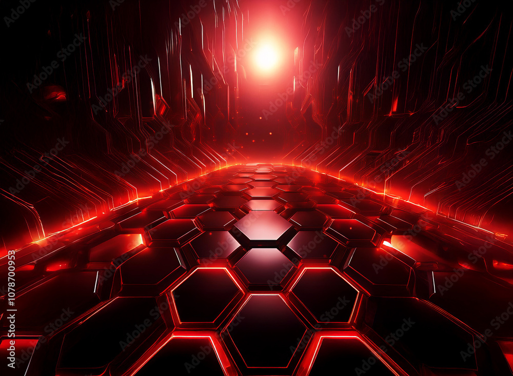 Aufkleber a glowing red light at the end of a long, narrow corridor lined with hexagonal panels.