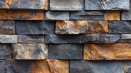 A textured wall made of layered stone in varying shades of gray and orange.