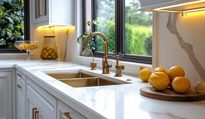 AI generator images of kitchen, complete with kitchen equipment,traditional kitchen shimmers with brilliance of golden harvest.Envision meticulous artistry, bespoke detailing, dazzling gold motif 