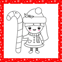 Christmas coloring book page with cute little girl in Santa costume with candy